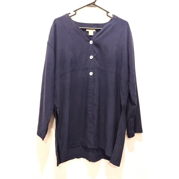 Apostrophe Navy Blue 100% Silk V Neck Mother Pearl Button Tunic Top M - Picture 2 of 12